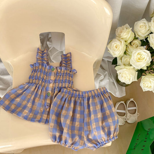 Baby Plaid Pattern Sling Blouses With Shorts Summer Sets, MyKids-USA®, Baby & Toddler Outfits, MyKids-USA - Size/Age - 66 (3-6M) - Color - Blue -  -  - JM2305011705-A