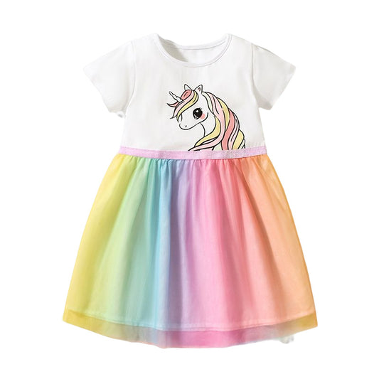 Baby Girls Short Sleeves Unicorn Printing Tulle Dress, MyKids-USA®, Baby & Toddler Dresses, MyKids-USA - Size/Age - 90 (12-24M) - Color - Pink -  -  - TR2312302155-A