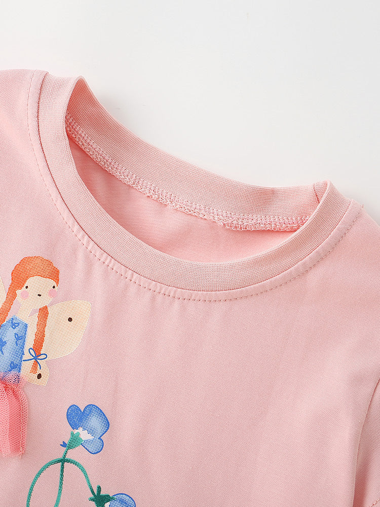 Summer Baby Kids Girls Short Sleeves Flowers and Cartoon Pattern Dress