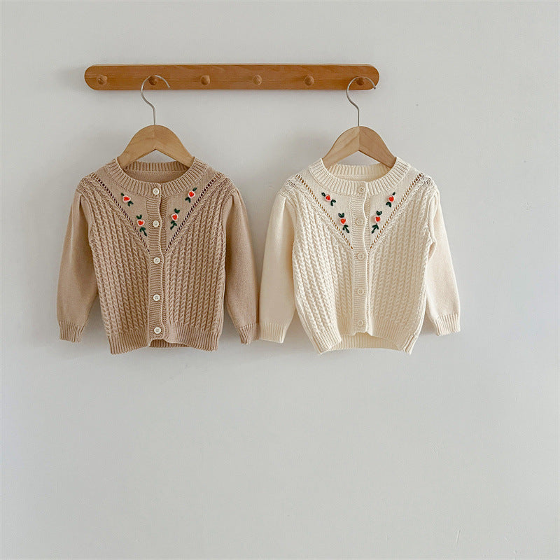 Floral Embroidered Pattern Solid Color Knitted Cardigan