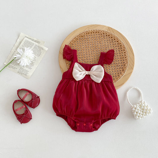 New Design Summer Baby Kids Girls Red Sleeveless Big Bow Strap Onesies