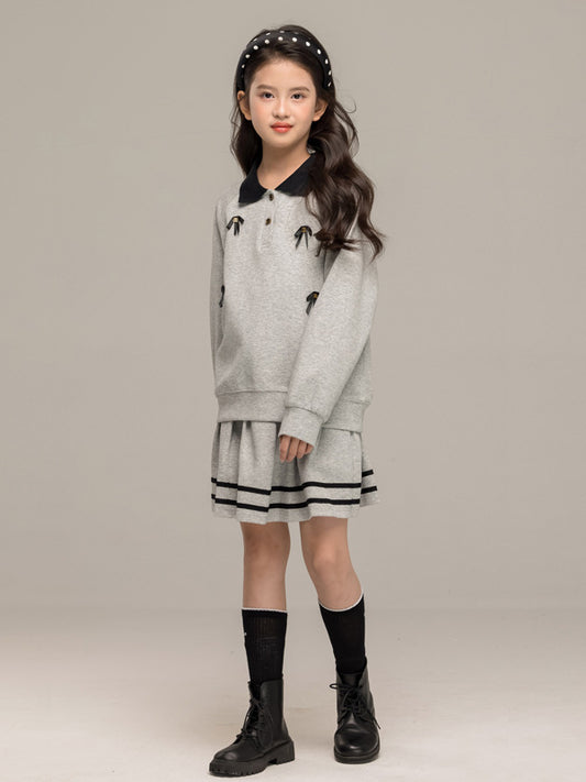 Arrival Autumn Kids Girls Long Sleeves Butterfly-bows Pattern Sweatshirt and Striped Skirt Sets