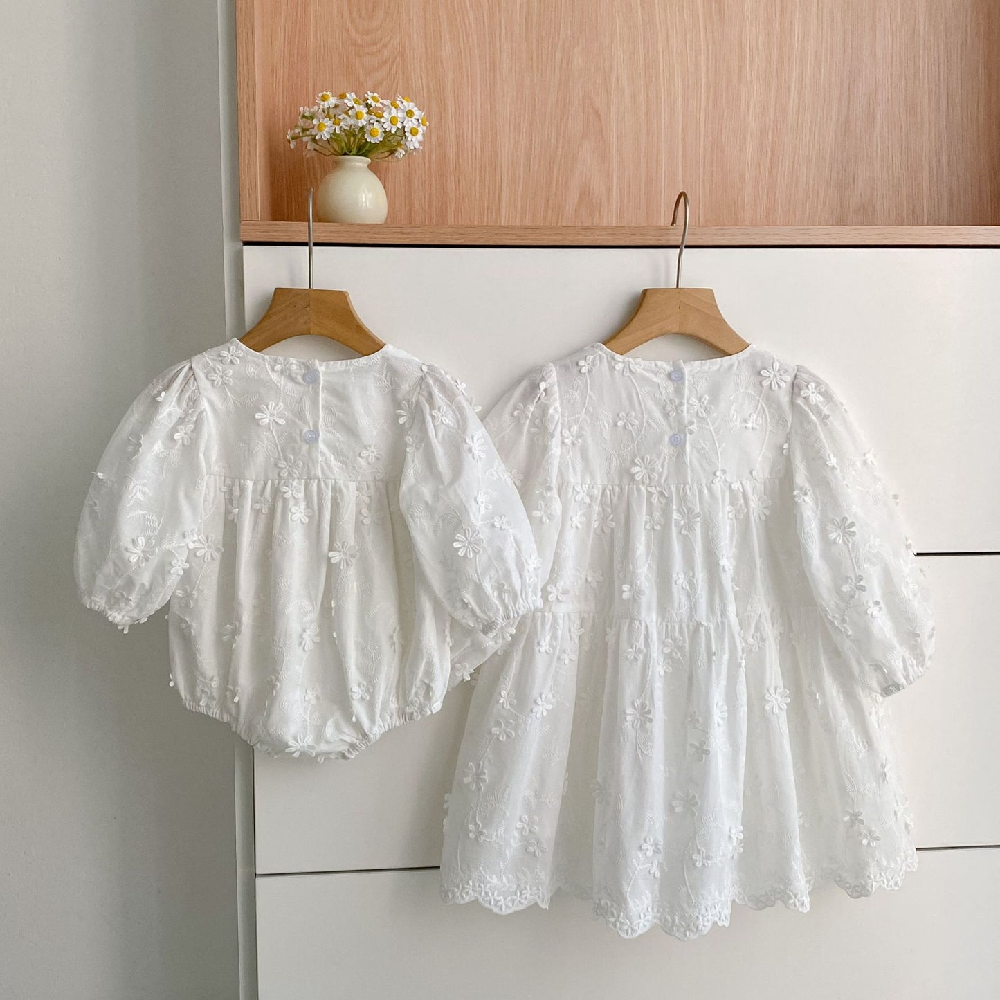 Arrival Spring and Autumn Flowers Pattern Baby Kids Girls Solid Color Onesies and Dress – Princess Sister Matching Set