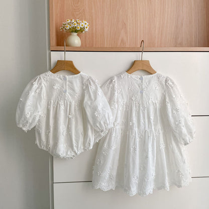 Arrival Spring and Autumn Flowers Pattern Baby Kids Girls Solid Color Onesies and Dress – Princess Sister Matching Set