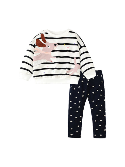 Girls Animals Cartoon Collection Striped Design Top Pullover And Polka Dots Pants Set