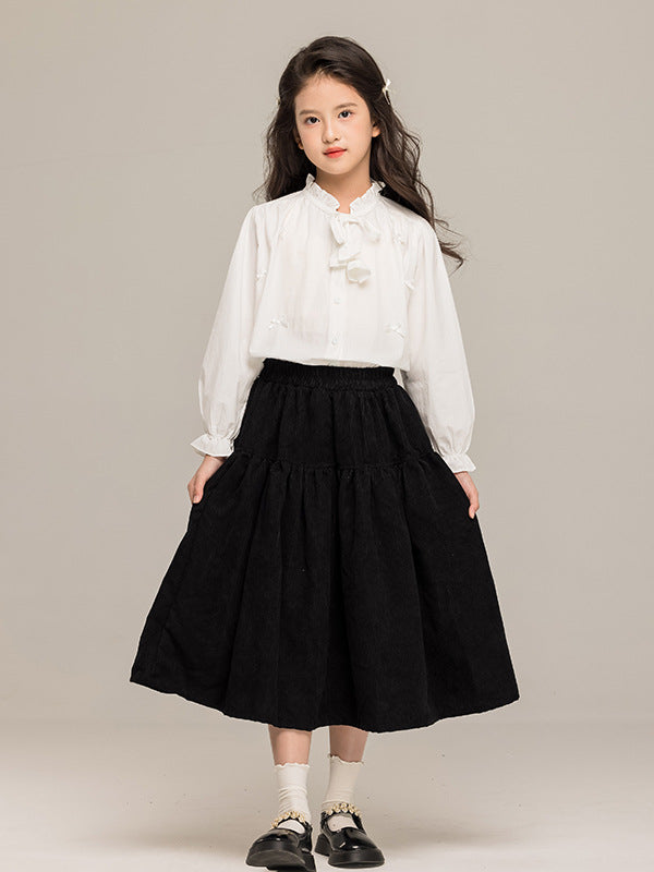 Arrival Autumn Kids Girls Long Sleeves Solid Color Butterfly-bow Pattern Stand Collar Shirt