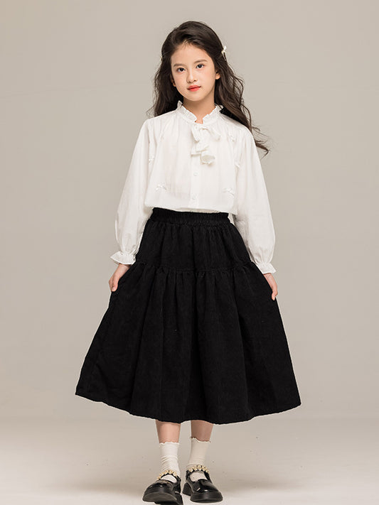 Arrival Autumn Kids Girls Long Sleeves Solid Color Butterfly-bow Pattern Stand Collar Shirt