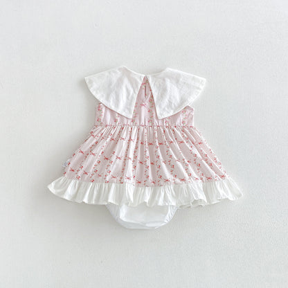 Design Summer Baby Kids Girls Sleeveless Flowers and Striped Pattern Bodysuit Dress