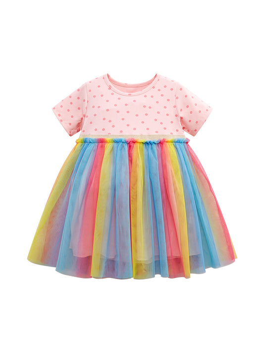 Spring And Summer Baby Girls Short Sleeves Polka Dots Rainbow Chiffon Dress
