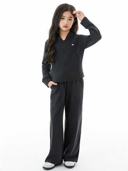 Arrival Autumn Kids Girls Long Sleeves Plain Zip-up Hoodie and Black Pants Clothing Set