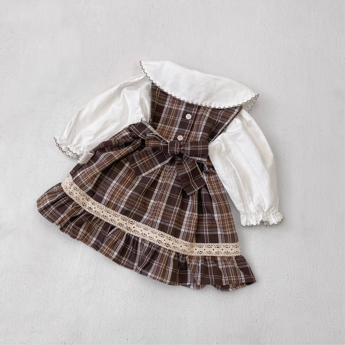 MyKids-USA® Spring and Autumn Baby Kids Girls Long Sleeves Embroidered Shirt and Sleeveless Plaid Dress Clothing Set