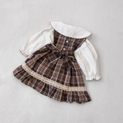 MyKids-USA® Spring and Autumn Baby Kids Girls Long Sleeves Embroidered Shirt and Sleeveless Plaid Dress Clothing Set