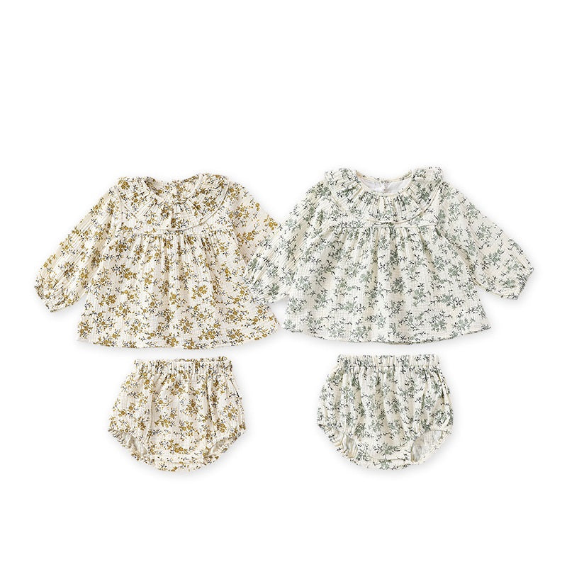 Spring And Autumn Baby Girls Floral Printing Long Sleeves Ruffle Collar Top Shirt And Shorts Clothing Sets