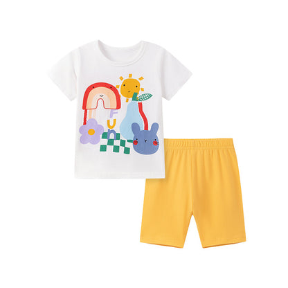 Summer Hot Selling Baby Kids Girls Short Sleeves Cartoon Pattern T-shirt and Plain Shorts Clothing Set