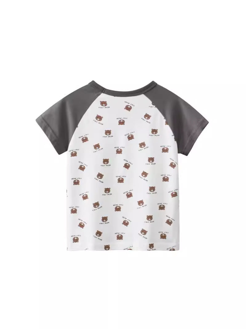 Boys’ Tiny Bear And Letters Print Color Patchwork T-Shirt In European And American Style