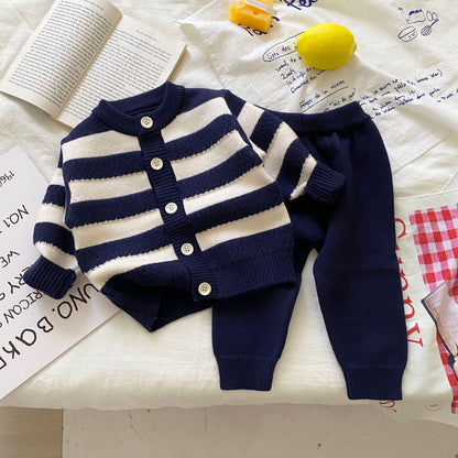 Autumn and Winter Arrival Baby Kids Unisex Long Sleeves Striped Pattern Crew Neck Knitted Cardigan and Pants Clothing Sets, MyKids-USA®, Baby & Toddler Outfits, MyKids-USA - Size/Age - 66 (3-6M) - Color - Navy Blue (Dark Blue) -  -  - TR2509202241-C