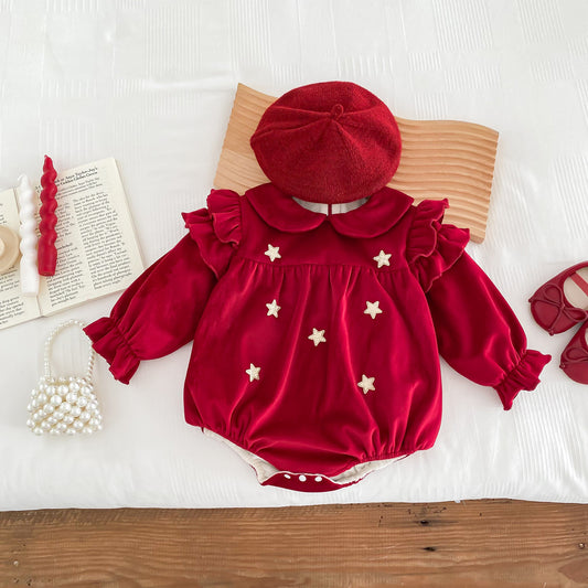 Newborn Baby Girls Peter Pan Collar Long Ruffle Sleeves Star Knitted Onesie, MyKids-USA®, Baby One-Pieces, MyKids-USA - Size/Age - 66 (3-6M) - Color - Red -  -  - TR2311091656-A