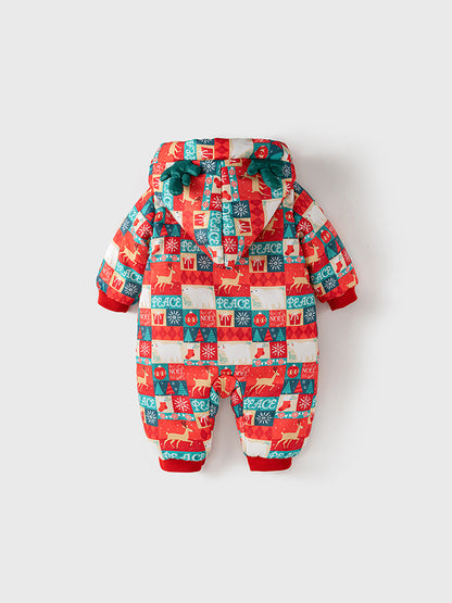 Winter Baby Christmas Red Plaid Patchwork Cartoon Thick Romper With Hood