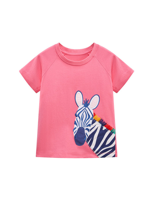 Cute Knit Round Neck Zebra Cartoon Girls’ T-Shirt In European And American Style For Summer