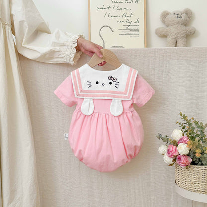 Summer Arrival Baby Girls Cute Preppy Short Sleeves Color Patchwork Onesies with Navy Collar, MyKids-USA®, Baby One-Pieces, MyKids-USA -  -  -  -  -  -  - 