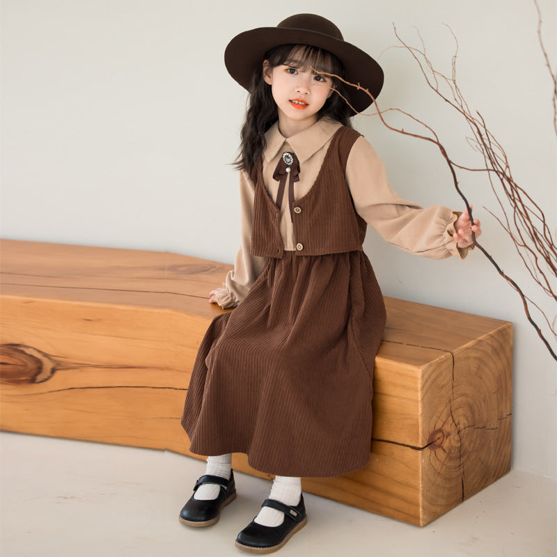 Arrival Autumn and Spring Kids Girls Long Sleeves Color Patchwork Dress and Vest Sets