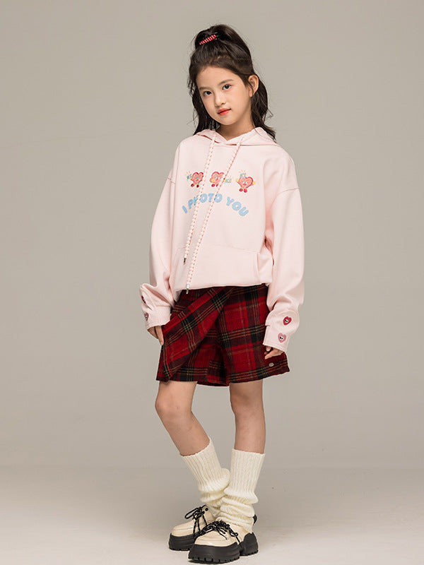 Arrival Autumn Kids Girls Long Sleeves Cartoon Embroidered Pattern Hoodie and Plaid Skirt Clothing Set