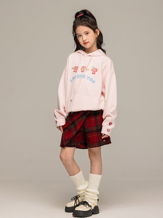 Arrival Autumn Kids Girls Long Sleeves Cartoon Embroidered Pattern Hoodie and Plaid Skirt Clothing Set