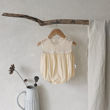 Summer Arrival Baby Girls Sleeveless Lace Flowers Pattern Bodysuit with Hairband
