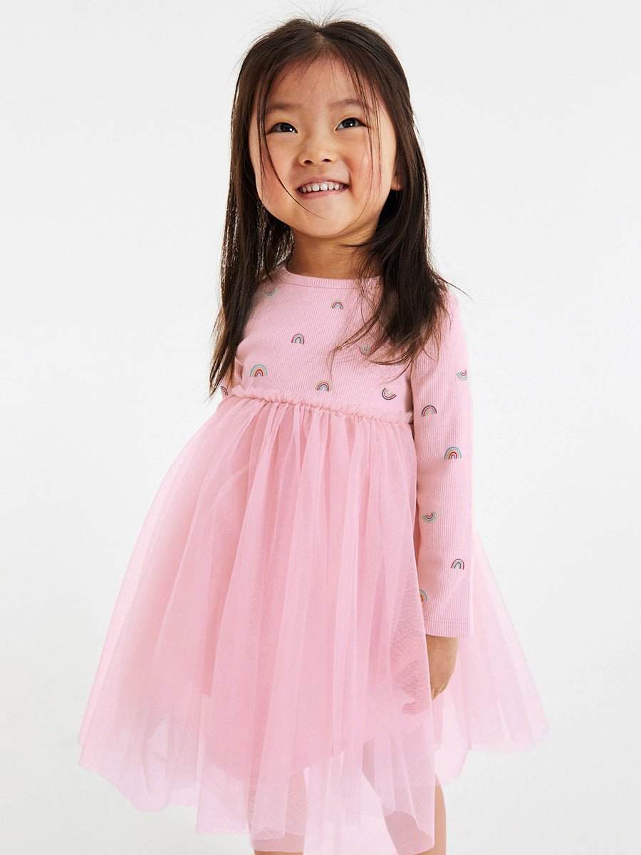 Arrival Autumn Girls Rainbows Print Crew Neck Long Sleeves Tulle Patchwork Princess Dress 140 (8-10Y) / Pink Arrival Autumn Girls Rainbows Print Crew Neck Long Sleeves Tulle Patchwork Princess Dress 140 (8-10Y) / Pink