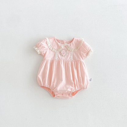 Summer Arrival Baby Girls Short Sleeves Embroidery Pattern Lace Trim Bodysuit, MyKids-USA®, Baby & Children's One-Pieces, MyKids-USA - Size/Age - 66 (3-6M) - Color - Pink -  -  - TR2605242359-A.