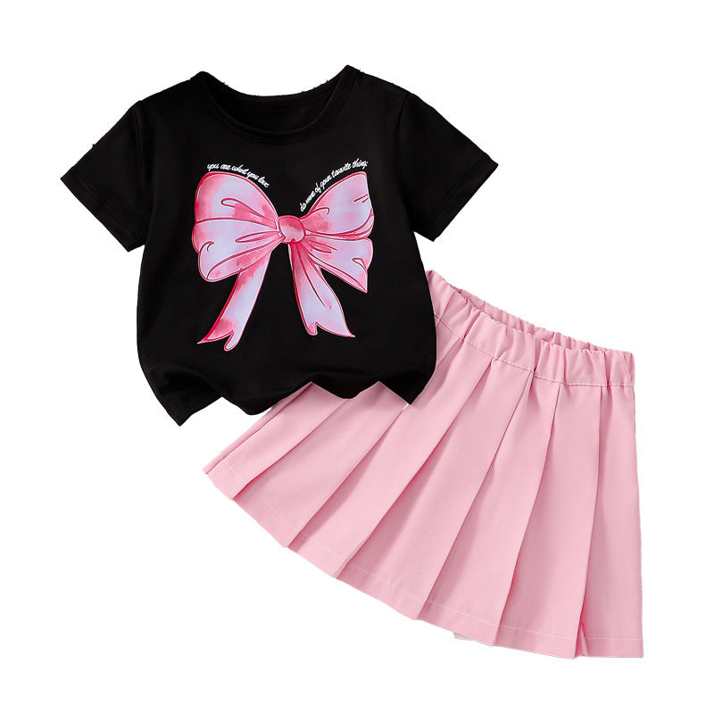 Summer Baby Kids Girls Short Sleeves Butterfly-bow Pattern Top and Pink Skirt Set
