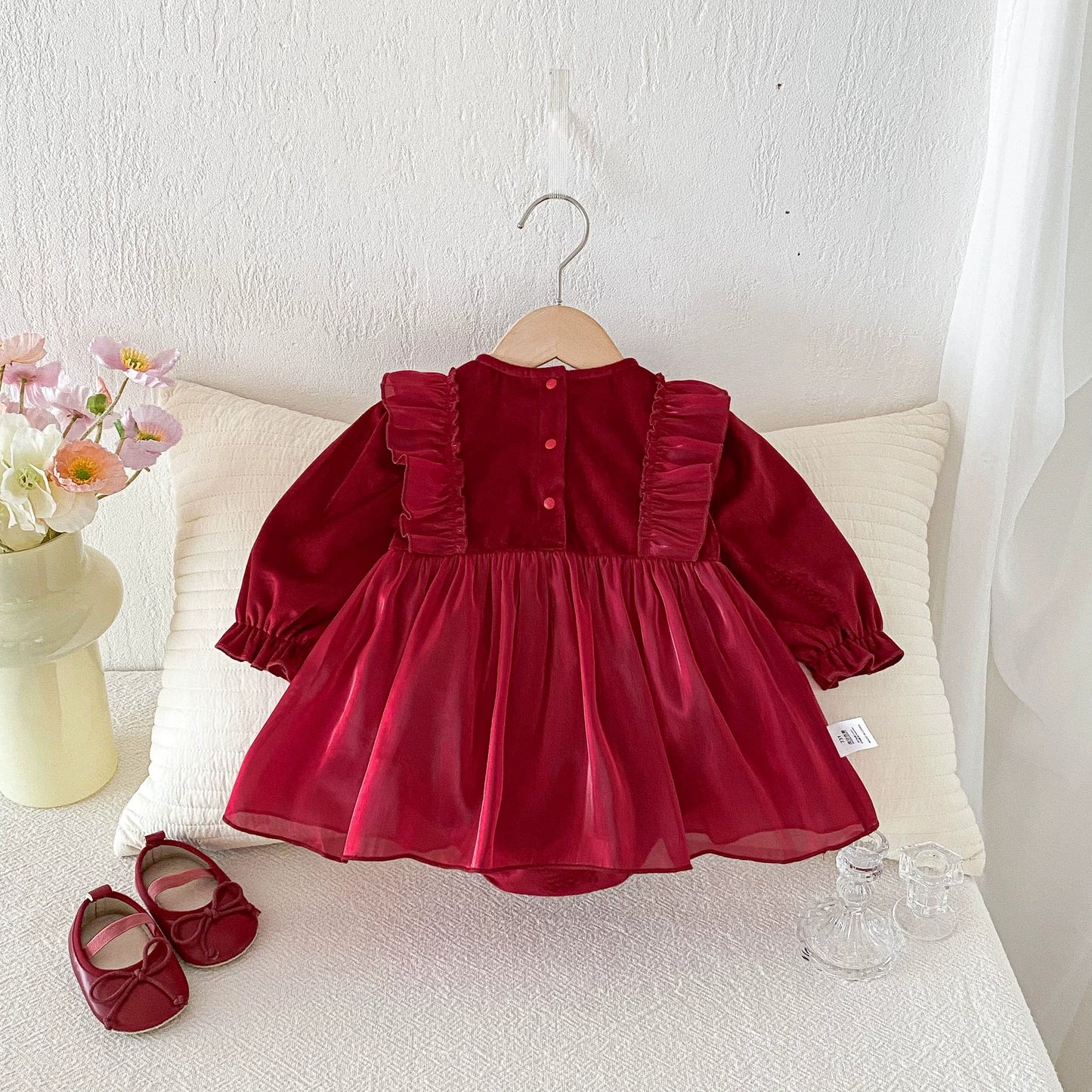 Autumn Arrival Baby Girls Long Sleeves Butterfly-bow Decorated Red Onesies Dress, MyKids-USA®, Baby One-Pieces, MyKids-USA -  -  -  -  -  -  - 