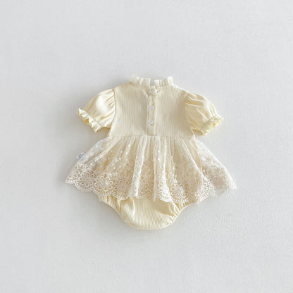 Design Summer Baby Kids Girls Short Sleeves Flowers Embroidery Pattern Tulle Bodysuit Dress