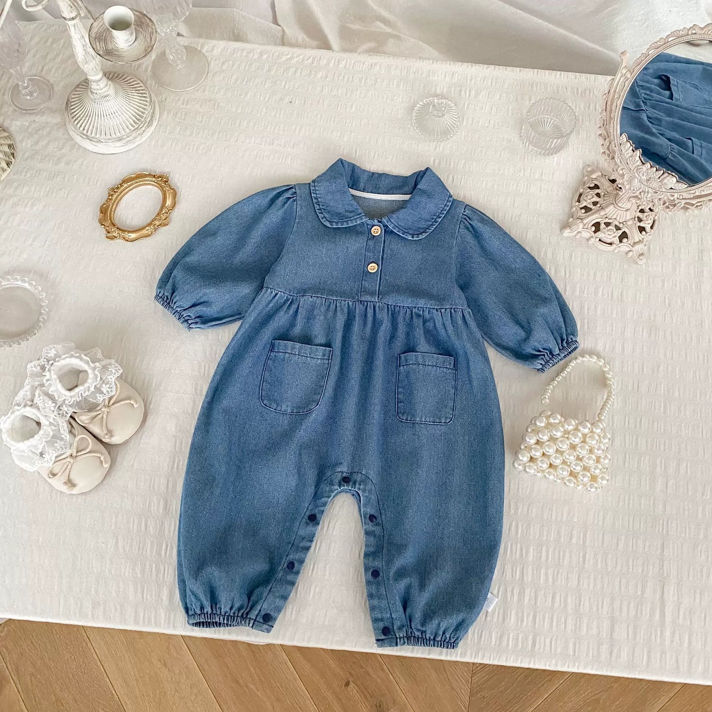 Autumn and Spring Arrival Baby Casual Pocketed Denim Rompers with Turn-down Collar, MyKids-USA®, Baby One-Pieces, MyKids-USA - Size/Age - 66 (3-6M) - Color - Blue -  -  - TR2508191934-A