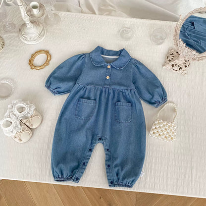 Autumn and Spring Arrival Baby Casual Pocketed Denim Rompers with Turn-down Collar, MyKids-USA®, Baby One-Pieces, MyKids-USA - Size/Age - 66 (3-6M) - Color - Blue -  -  - TR2508191934-A