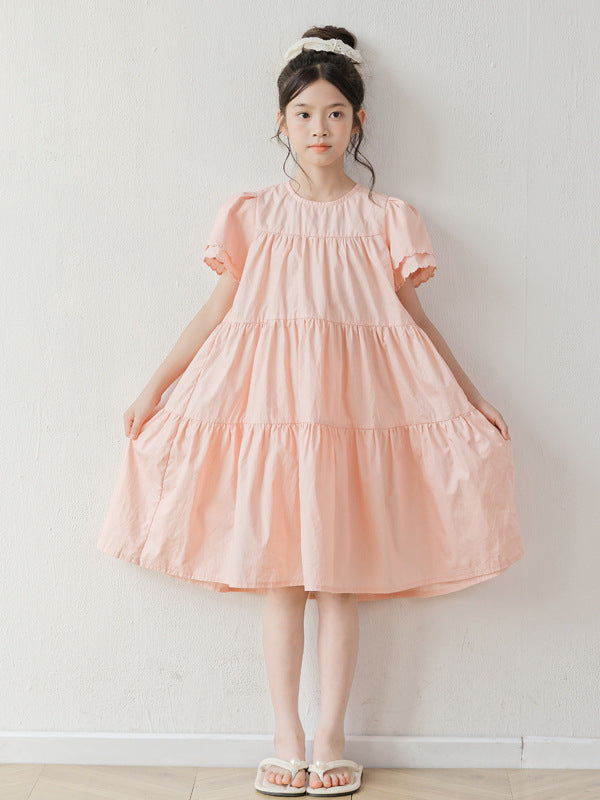 Summer Arrival Short Sleeves Pink Solid Color Dress for Stylish Girls