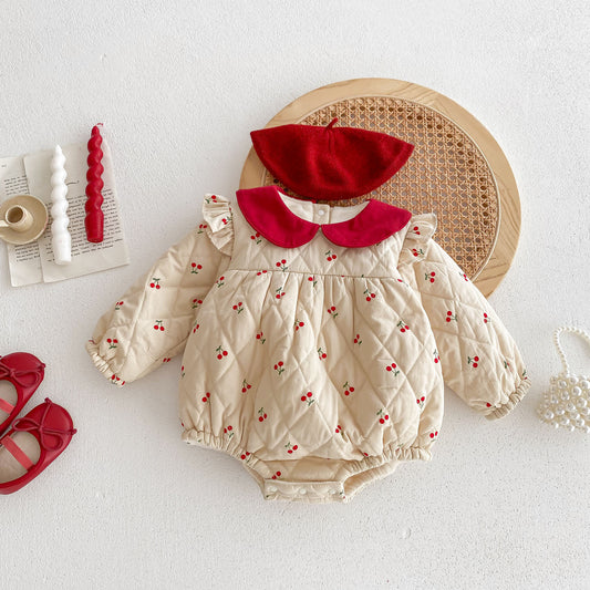 Newborn Baby Girls Cherry Pattern Long Sleeves Peter Pan Collar Cotton-Padded Onesie, MyKids-USA®, Baby One-Pieces, MyKids-USA - Size/Age - 66 (3-6M) - Color - Beige -  -  - TR2311091512-A