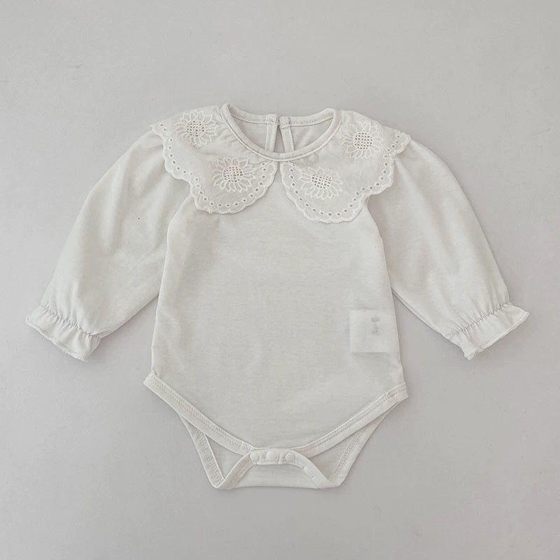 Autumn Arrival Baby Unisex Casual Thin White Long Sleeves Onesies with Flowers Pattern Collar, MyKids-USA®, Baby One-Pieces, MyKids-USA - Size/Age - 66 (3-6M) - Color - Beige -  -  - TR2507302348-A