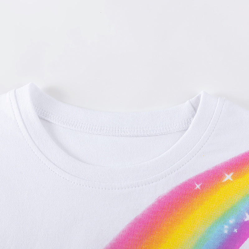 Summer Hot Selling Baby Kids Girls Short Sleeves Rainbow and Hearts Pattern T-shirt and Pink Skirt Clothing Set