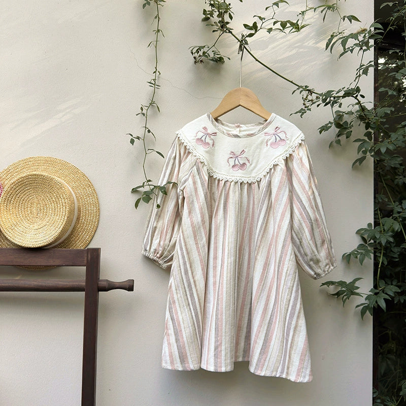 Autumn Arrival Baby Kids Girls Cherry Embroidery Pattern Long Sleeves Striped Dress, MyKids-USA®, Baby & Toddler Dresses, MyKids-USA -  -  -  -  -  -  - 