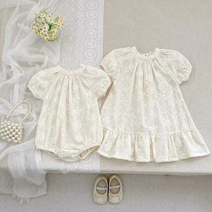 Summer Girls Solid Color Flowers Embroidery Short Sleeves Onesies and Girls’ Dress – Princess Sister Matching Set, MyKids-USA®, Baby & Toddler Outfits, MyKids-USA -  -  -  -  -  -  - 