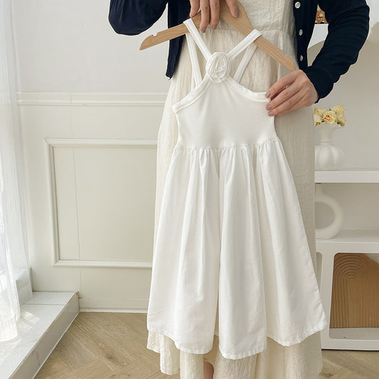 New Design Summer Baby Kids Girls Sleeveless Backless Strap White Dress