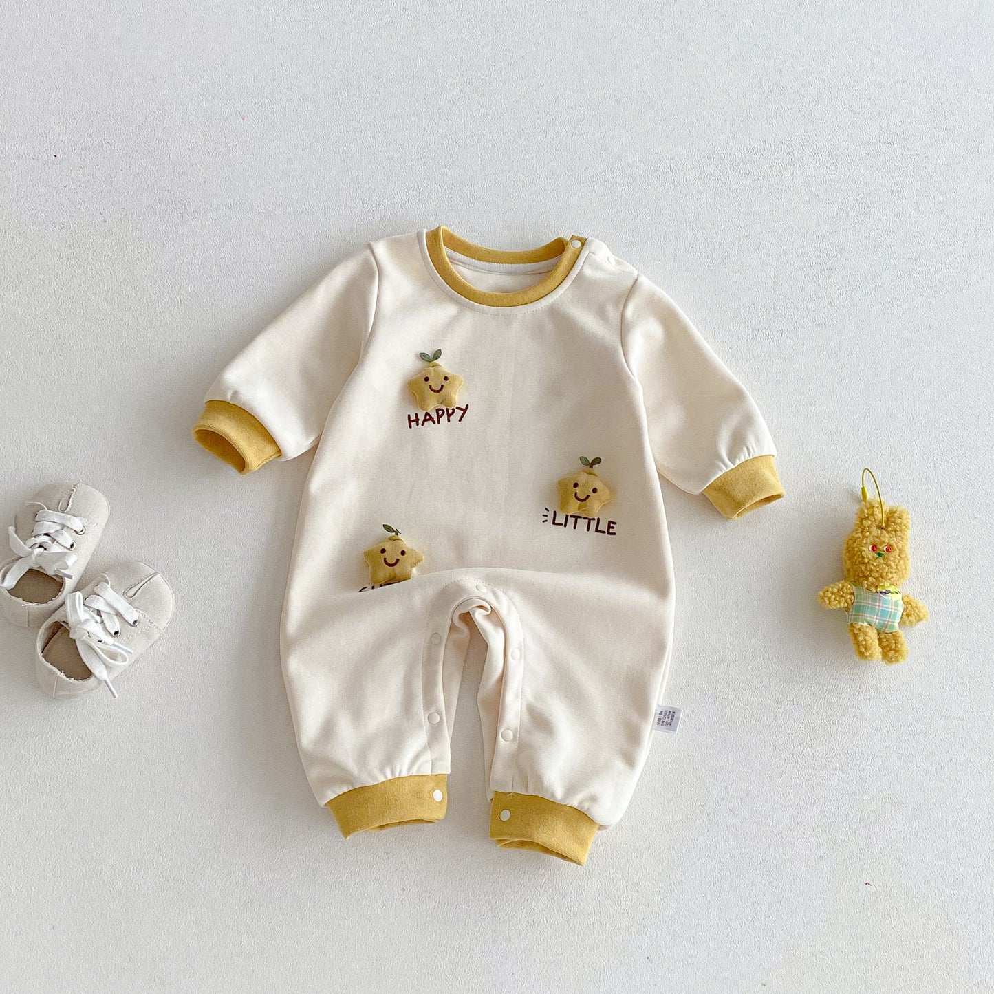 Spring Arrival Baby Unisex Long Sleeves Color Patchwork Cartoon and Letters Pattern Rompers