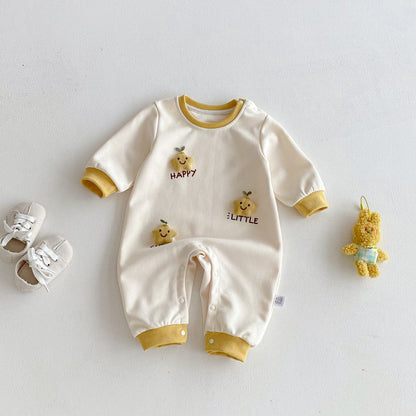 Spring Arrival Baby Unisex Long Sleeves Color Patchwork Cartoon and Letters Pattern Rompers