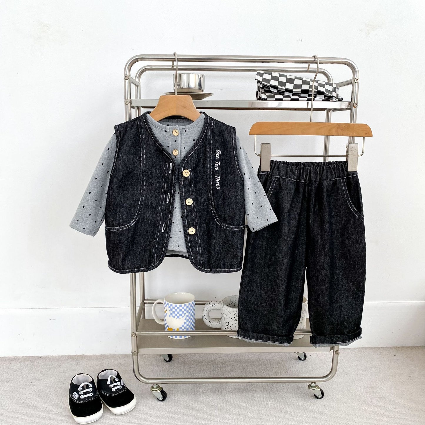 MyKids-USA® Hot Selling Autumn Baby Kids Boys Long Sleeves Dots Pattern Top, Denim Vest and Jeans Set