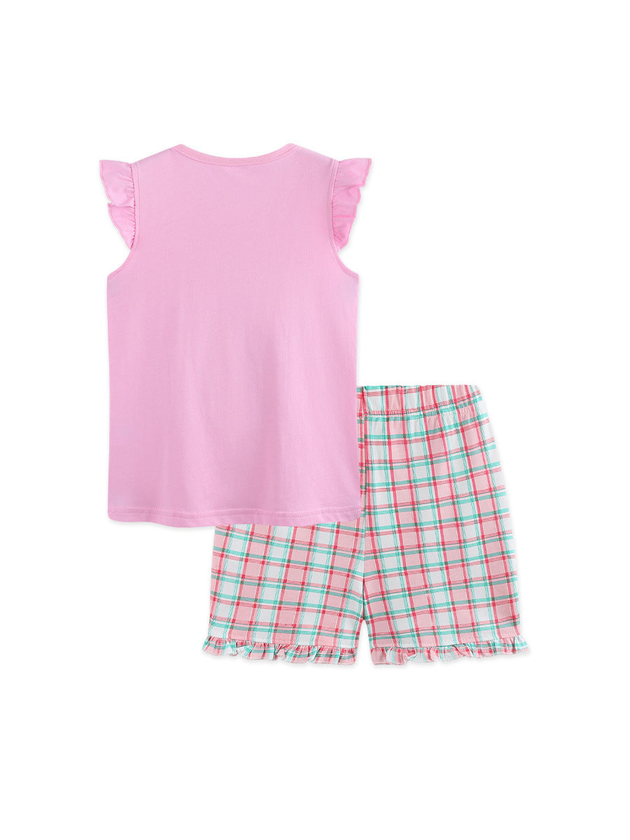 Arrival Summer Baby Kids Girls Fly Sleeves Cartoon Pattern Vest and Plaid Shorts Clothing Set