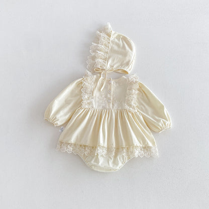MyKids-USA® Baby Girls Long Sleeves Solid Color Lace Trim Bodysuit Dress
