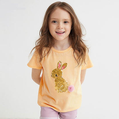 Cute Knit Round Neck Shimmer Girls’ T-Shirt In European And American Style For Summer