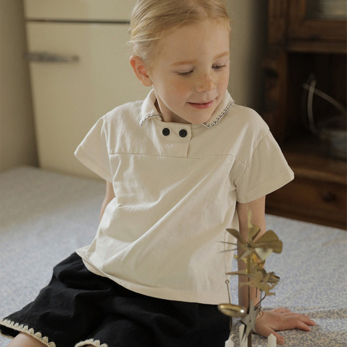 Summer Baby Kids Unisex Lace Trim Turn-down Collar Short Sleeves Casual Top Shirt and Black Overalls, MyKids-USA®, Baby & Toddler Outfits, MyKids-USA -  -  -  -  -  -  - 