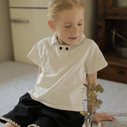 Summer Baby Kids Unisex Lace Trim Turn-down Collar Short Sleeves Casual Top Shirt and Black Overalls, MyKids-USA®, Baby & Toddler Outfits, MyKids-USA -  -  -  -  -  -  - 